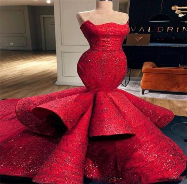 Romantique rouge sirène chérie Satin robes de soirée formelles dentelle paillettes longues robes de bal robes de reconstitution historique 2019 New2863318