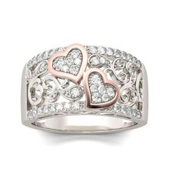 Romantique Rose Gold Color Double Heart Rings for Women Fashion Full Zircon Wedding Band Rings Charming Women Party Bielry5924249