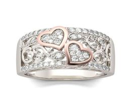 Romantique Rose Gold Color Double Heart Rings for Women Fashion Full Zircon Wedding Band Dinger Rings Charming Women Party Jewelry4476617