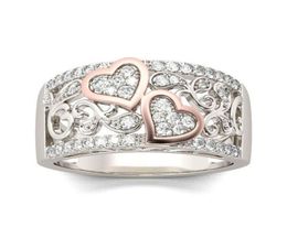 Romantique Rose Gold Color Double Heart Rings for Women Fashion Full Zircon Wedding Band Finger Rings Charming Women Party Jewelry7434904