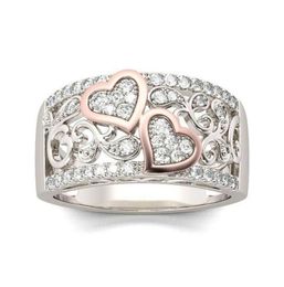 Romantique Rose Gold Color Double Heart Rings for Women Fashion Full Zircon Wedding Band Dinger Rings Charming Women Party Jewelry9692972