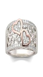 Romantique Rose Gold Color Double Heart Rings for Women Fashion Full Zircon Wedding Band Dinger Rings Charming Women Party Jewelry6799202