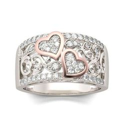 Romantique Rose Gold Color Double Heart Rings for Women Fashion Full Zircon Wedding Band Rings Charming Women Party Bielry8358609