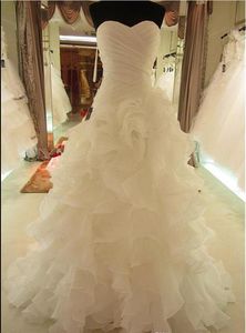 Romantique à volants en organza décolleté en coeur taille asymétrique robes de mariée A-ligne plissées à lacets dos robes de mariée de mariage
