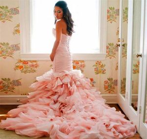 Romantische ruches sweetheart zeemeermin bruidsjurken lace up glamoureuze blozen roze organza trouwjurken op maat gemaakt