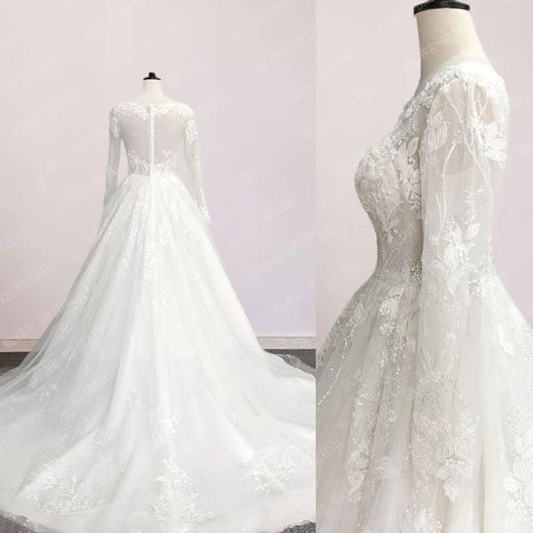 Vestido de novia de la línea de escote de la primicia romántica 2022 Apliques de manga larga glamorosa Traña de la corte Princesa Bridal Vestido