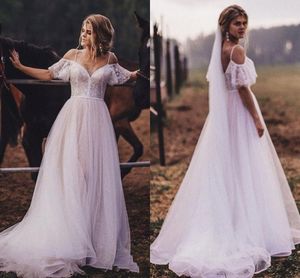 Romantische pailletten tule kant boho trouwjurken koude schouder gedrapeerde mouwen open rug land trouwjurk bruidsjurken vestidos de novia