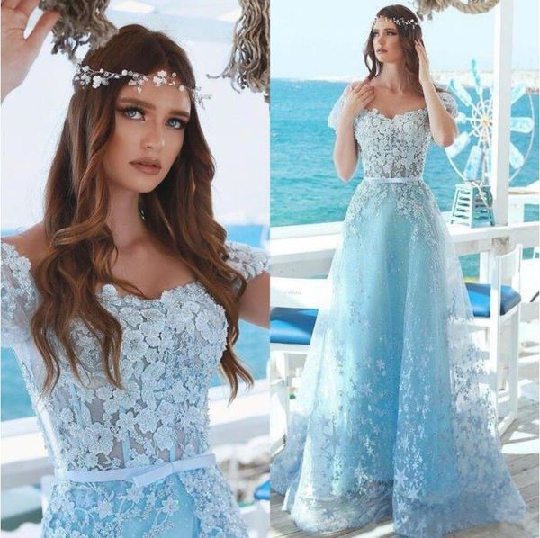 Robes de soirée en dentelle bleu ciel romantique 2019 Une ligne mancherons robes de bal de fées soirée formelle porte robe de réception nuptiale d'été