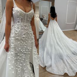 Robes de mariée sirène à bretelles spaghetti romantiques, train détachable en dentelle, fleurs 3D, robes de mariée sans manches, dos nu, train de balayage