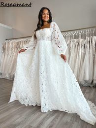 Robes de mariée trapèze en dentelle florale 3D, col carré romantique, manches longues, dos nu