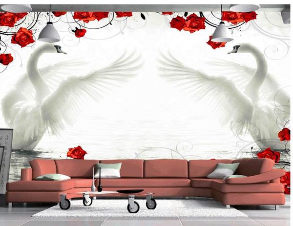 Papier peint à motif de rose rouge cygne romantique, peinture murale de fond pour murs 3 d pour salon