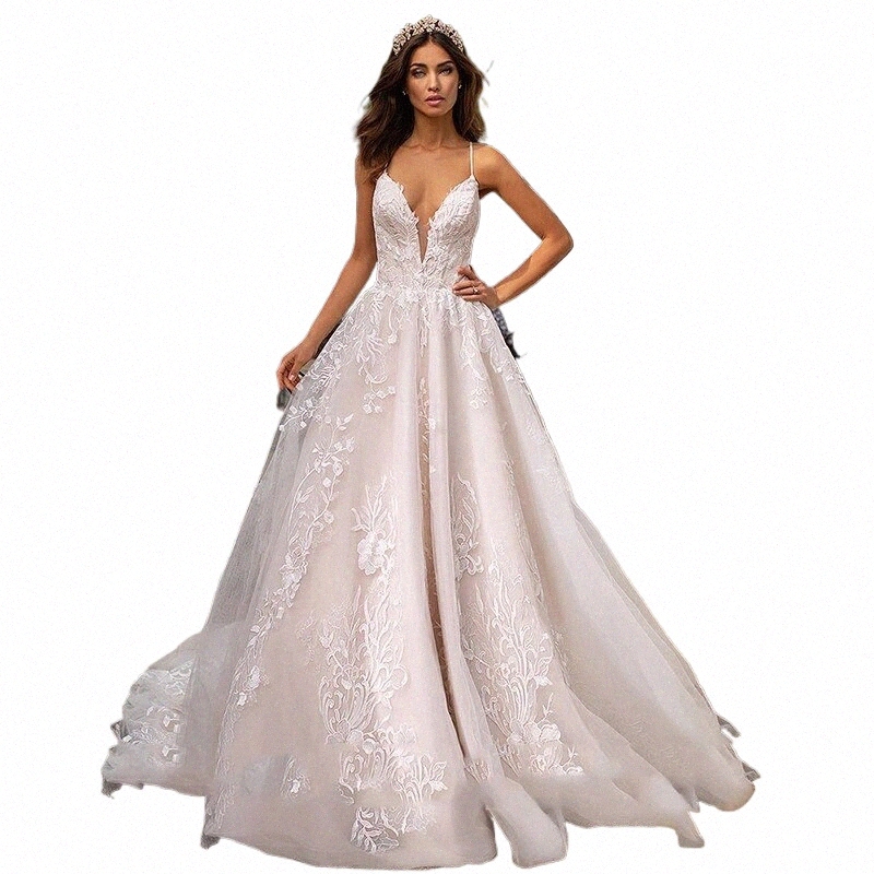 Romantisk tyllapplikation Princial bröllop Dr Simple Spaghetti Strap Brautkleid Sexig V-hals Lace Up Back Bridal Gown 29kg#