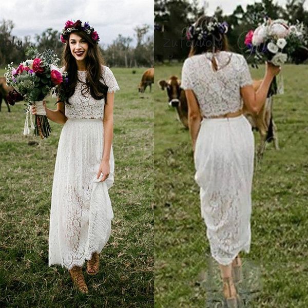 Romántico vestido de novia de dos piezas con mangas de encaje Boho cuello redondo hasta el tobillo bohemio Hippie vestido de novia corto para mujer 2023324W