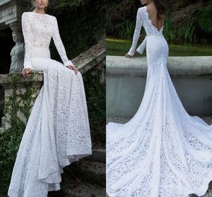 Romantische v backless lange mouw kant trouwjurken 2020 bateau lint strand trouwjurk zeemeermin stijl vestidos de novia boheemse jurk