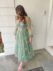 Romantique Vintage vert robe de bal princesse bouffée à manches longues broderie florale femmes soirée Cocktail filles tenue d'anniversaire 240227