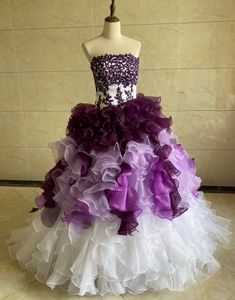 White and Purple Strapless Organza Wedding Dress with Ruffles for Plus Size Women