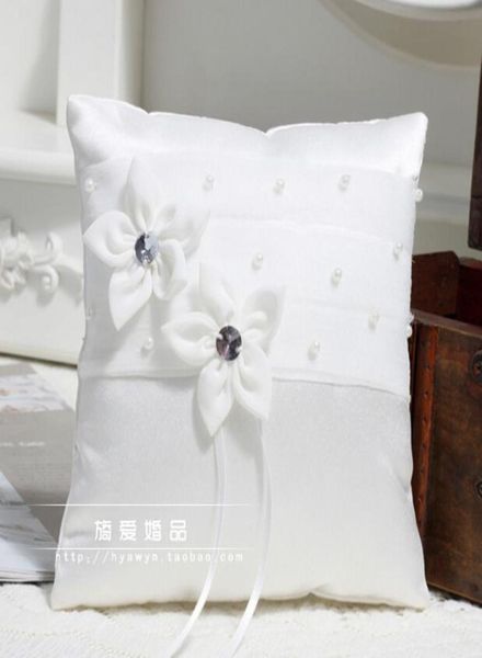 Oreillers romantiques pour bagues en ruban blanc, pour mariage, avec perles, doubles fleurs perlées, pour bagues de mariée et de marié, Pillows5848624