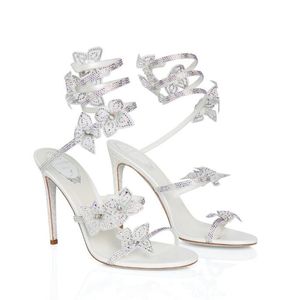 Romantische Witte Sandalen Schoenen Floriane Hoogste Kwaliteit Materialen Bloemen Strass Caovilla Top Luxueuze Party Bruiloft Hoge Hakken EU35-42