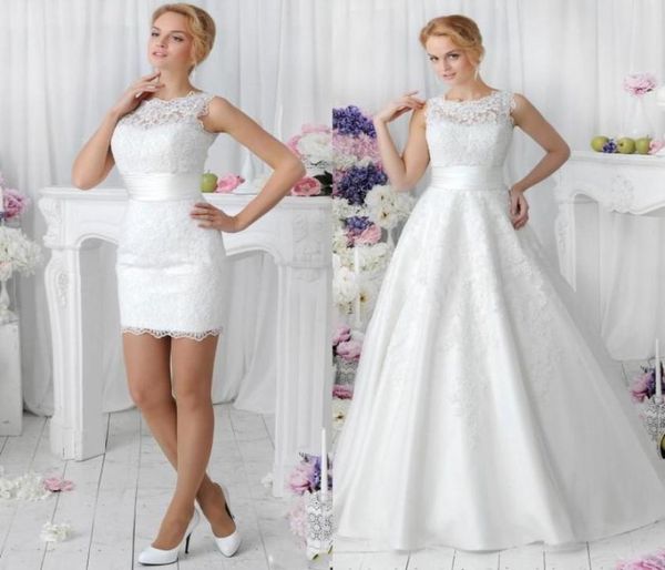 Romántico blanco de dos piezas una línea de vestidos de novia de encaje 2020 con falda desmontable Vestidos De Noiva Primavera cuello redondo baile corto Br3351084
