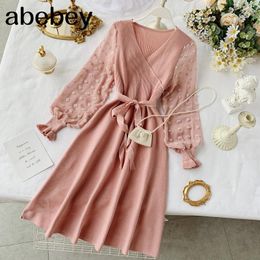 Romantique femmes tricoté rose robe de soirée 2019 automne hiver col en V élégant en mousseline de soie à manches longues ceintures robe dames robe Y0118