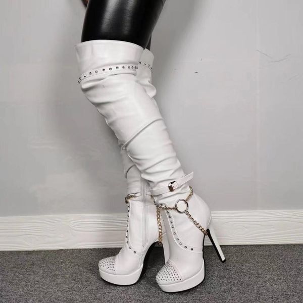 Románticas mujeres plataforma hasta la rodilla botas Sexy remaches tacones de aguja botas punta redonda blanco Club Wear zapatos mujeres botas