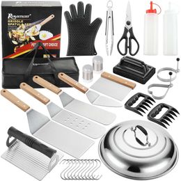 ROMANTICIST Kit d'accessoires de qualité professionnelle 30 pièces outils à dessus plat pour le petit-déjeuner, grillades en plein air, spatule à plaque chauffante Teppanyaki, grattoir, presse à hamburger