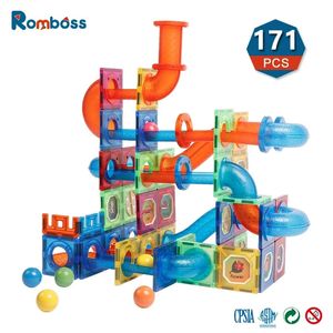 ROMBOSS 171PCS MAGNETISCHE BOUWBODEN MARBLE RUN RACE TRACK Assembly Toys Kids Monteer tegels houten balpijp speelgoed 240110