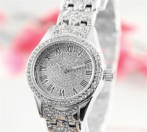 Rome Word Dial Luxury Crystal Righestone Quartz Watches Fashion Bling Crystal en acier inoxydable Quartz Analogue Watches Whole7379076