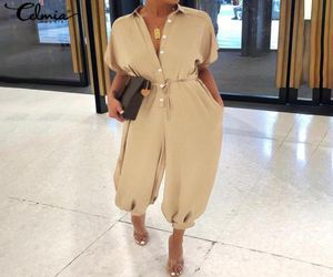 Romper vintage jumpsuits celmia vrouwelijke korte mouw vrachtbroek knop casual losse harem broek plus size overalls y2001061390074