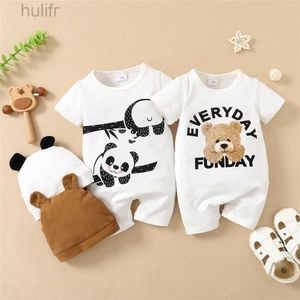 Rompers 0-12 maanden pasgeboren babyjongen romper dieren panda beer korte mouw jumpsuit + hat 2pcs babys kleren zomer mode bodysuit d240425