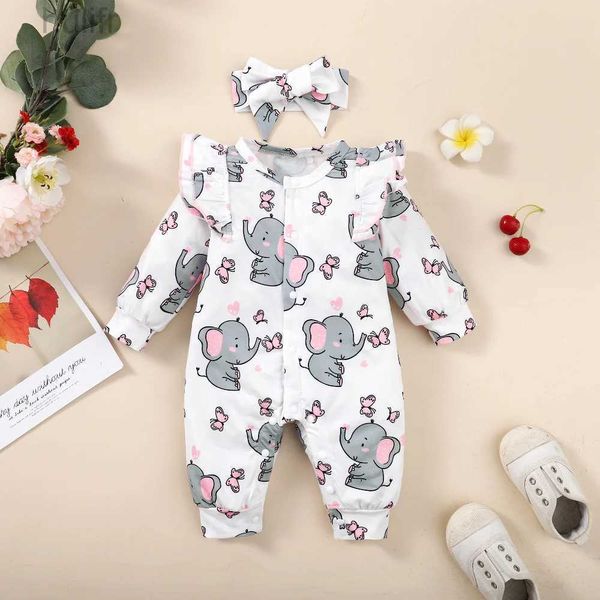 MOPERS 0-18 Months Mompers para recién nacidos Manija larga Baby Girl Suit Lindo Elephant Estampado Baby Bodysuit para niña pequeña D240425