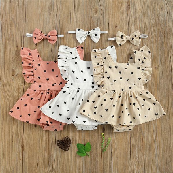 Barboteuses 0-24M Bébés Filles D'été Barboteuses Enfant né Infant Princesse Fille Coeur Imprimer Volants Manches Combinaisons Robe Bandeau Vêtements 230516