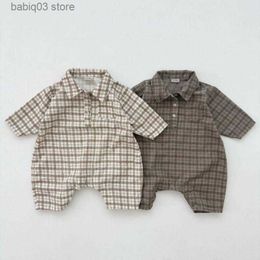 Rompers 0-3Y Kids Toddler Boys Fashion Plaid Turn Down Collar Romper Loose Polo Jumpsuit Infant Pasgeboren Dunne katoenen Crawlwear One Piece T230529