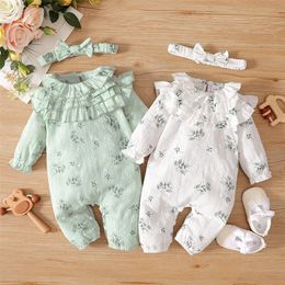 Rompères 0 à 12 mois pour bébé fille née née bébé fille bodys fleurs fleurs de lotus feuille à manches longues avec un bandeau bébé grenouillère 230418