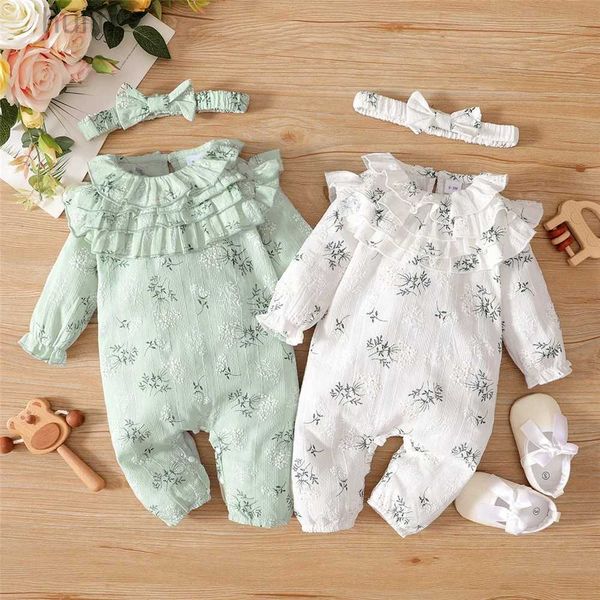 Rompères 0 à 12 mois bébé fille robeter nouveau-né bébé fille bodys fleurs de lotus feuille à manches longues avec un bandeau bébé grenouillard d240425