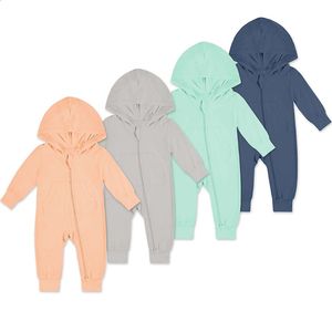 Barboteuses 018M bambou Fiber bébé fermeture éclair barboteuse à capuche à manches longues bébé garçon fille vêtements né Onesies bébé combinaison mode vêtements 231118