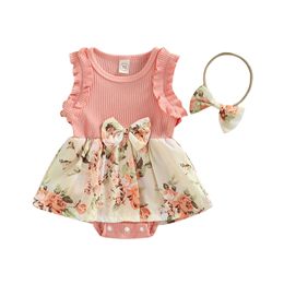 Rompers 018m Summer Baby Girl Clothes Floral Impresor Floral Baby Girl Sleeveless Jumpsuit para la banda para la cabeza de juego recién nacido J220922