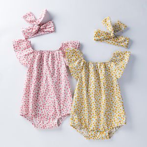 Rompertjes 02 Jaar Babany bebe geboren Baby Meisjes Bloemen Romper Voor Baby Kleding Korte Mouw Hoofdband 2 stks 230607