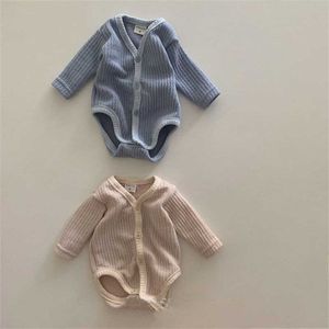 Rompers 02y baby herfst eenvoudige vaste vest bodysuit meisje mode lange mouwen lange mouwen katoen jumpsuit een stuk jongen gestreepte kleding J220922