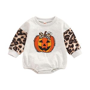 Rompertjes 0712 Lioraitiin 018M Baby Baby Meisjes Halloween Bodysuit Pompoen Luipaard Print Lange Mouw Jumpsuits 220919