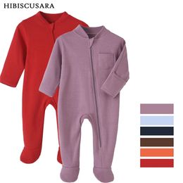Mamelucos 100% algodón nacido ropa de bebé color sólido mono cremallera infantil niños niñas primavera camisa de fondo monos con patas 231013