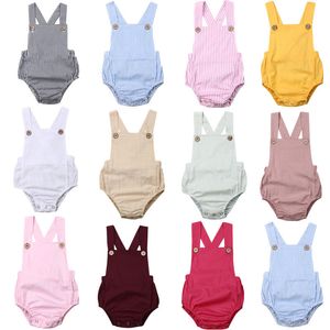 Rompers 11color geboren baby babyjongen meisje bodysuit zomer knop jumpsuit gestreepte casual mouwloze backless vaste outfits kleding 230525