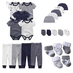 Rompères 15/24 pièces nouveau-nés Baby Bompers + Pantalon + mittens + chapeaux + chaussettes ensemble 100% coton imprimé Unisexe Baby Girl Boy Clothes Ensembles D240425