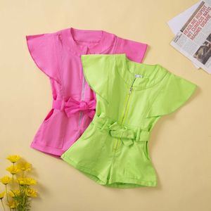 Rompers 15y Fashion Children Toddler Kids Girls Summer Jumpsuits Solid Color Zipper Rompers Korte broek met riemkleding J22092222