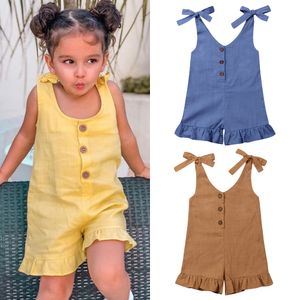 Rompertjes 16Y Baby Meisje Katoen Linnen Kleding Meisjes Ruche Romper Kids Jumpsuit Zomer Mouwloze Knop Overalls Outfits 230607