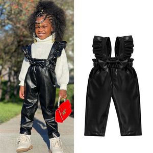 Rompers 16y mode peuter babymeisjes kleren solide kleur pu lederen band algehele jumpsuit zomer jarretel lange broek outfit j220922