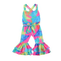 Rompers 16y Summer Fashion Kid babymeisjes romper jumpsuits tiedye bedrukte riem mouwloze elastische flare broek outfit J220922