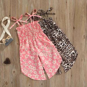 Rompers 16y peuter meisjes jumpsuit luipaard bloemenprint geplooide mouwloze jarret zomer prinses jumpsuit lange broek j220922