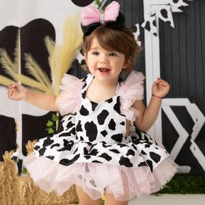 Rompers 18 Baby Girl Clothing Baby Girl Jumpsuit Baby Cow Gedrukte Tule kleding Geboren mouwloze moderne babyjongen kleding 230407