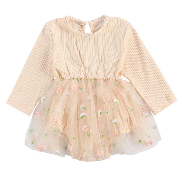 Barboteuses 2021 Mode Printemps Automne Enfants Bébés Filles Tricoté Barboteuse Vêtements À Manches Longues Coton Floral Dentelle Volants Combinaison Vêtements J220922